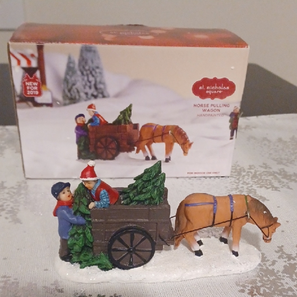 Horse Pulling Wagon St. Nicholas Square Village Accessory Handpainted Trees